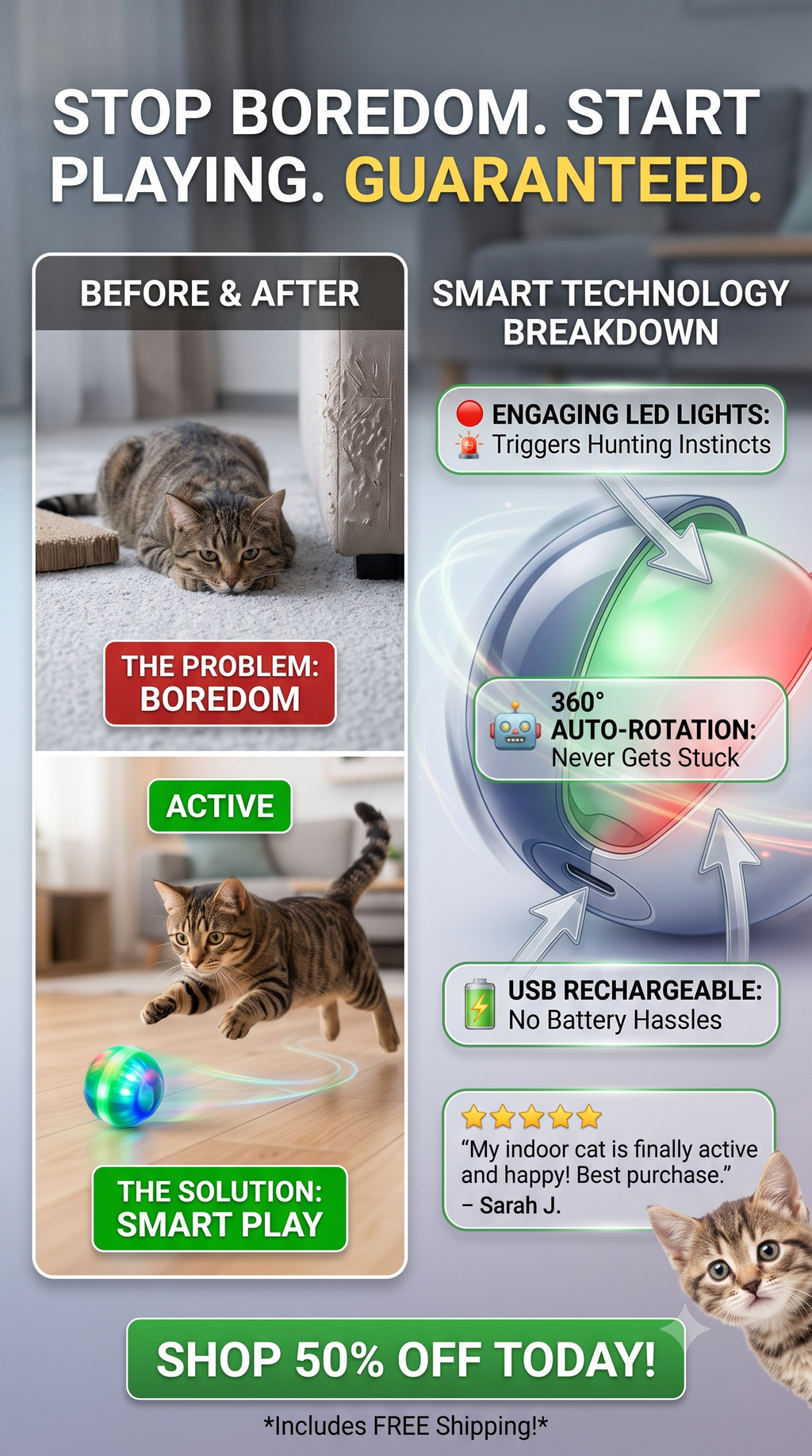 Cat Ball Toy, Automatic 360° Self-Rotating Rolling Ball with USB Rechargeable Moving, Lighting, Pet Exercise Kitten and Dog Playing Smart Cat Toy (Multicolor)