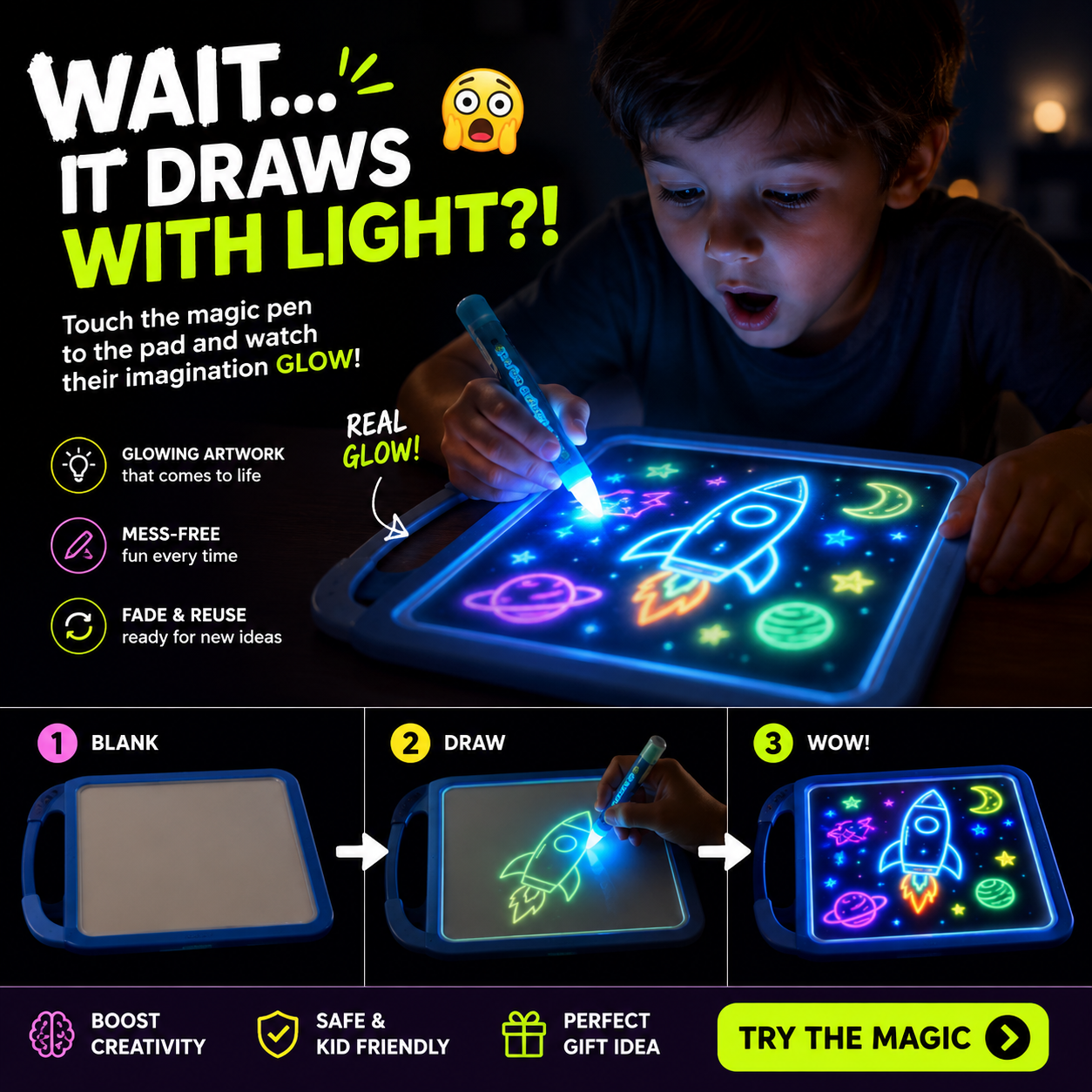 Educational Toy Drawing Pad 3D Magic 8 Light Effects Puzzle Board Sketchpad